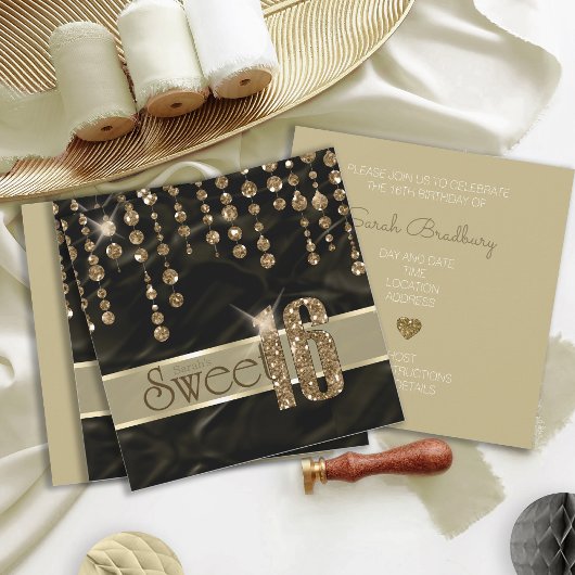 Satin Jewel 16 . Geburtstag Black Gold ID260 Einladung