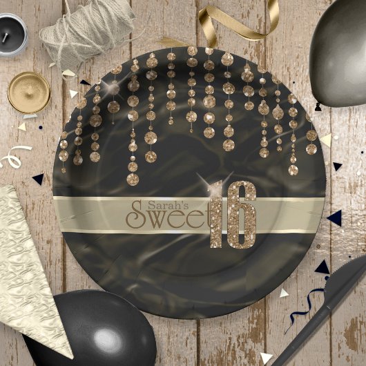 Satin Jewel 16 . Geburtstag Black Gold ID260 Pappteller