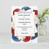 SATIN MODERN RED BLUE GRAY FLORAL WEDITE WHITE EINLADUNG (Stehend Vorderseite)