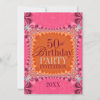 Satin Orange Pink Damask 50. Geburtstag Einladung