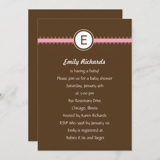 Satin Ribbon Babydusche Einladung - in Rosa (Vorne/Hinten)