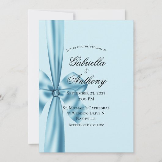 Satin Ribbon Blue Wedding Einladung (Vorderseite)