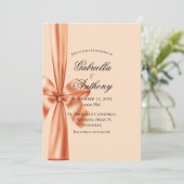 Satin Ribbon Peach Wedding Einladung (Stehend Vorderseite)