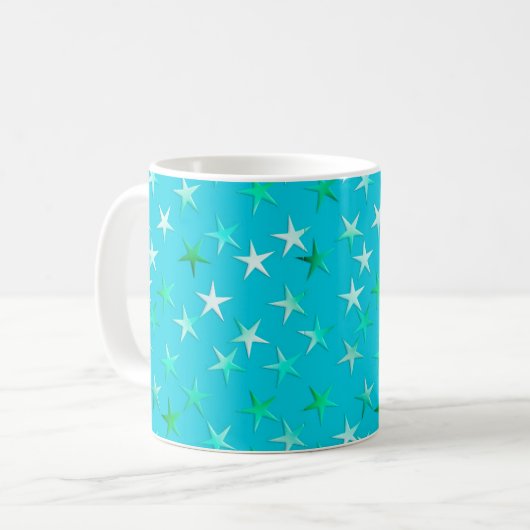 Satin-Sterne, hellgrün und blau auf Türkis Kaffeetasse (Vorderseite Links)