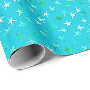 Satinsterne, blasses es-grün und Blau auf Türkis Geschenkpapier