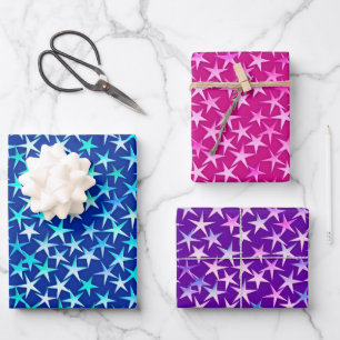 Satinsterne, Tiefblau, Fuchsienrosa und Lila Geschenkpapier Set