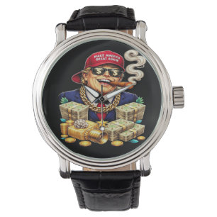 Satirischer MAGA-Milliardärs-Carton — Retro-Pop-Ar Armbanduhr