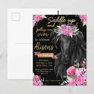 Sattel auf Gold Schwarzes Pferd Cowgirl Geburtstag Postkarte