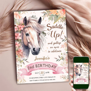 Sattel auf Pony Pferd Geburtstagsmädchen Floral Ro Einladung