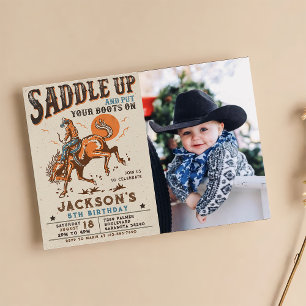 Sattel auf Western Rodeo Cowboy Geburtstagsfoto Einladung