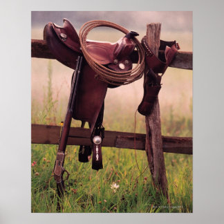 Sattel und Lasso auf Zaun Poster