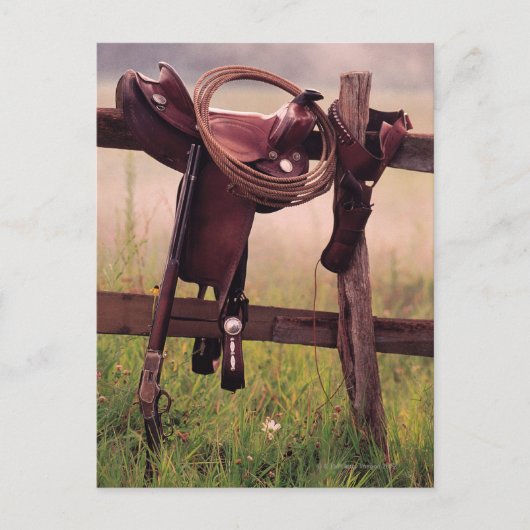 Sattel und Lasso auf Zaun Postkarte (Vorderseite)