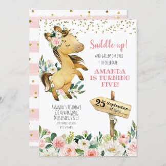 Sattel up Girl Floral Horse Geburtstag Einladung
