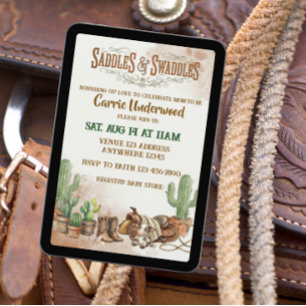 Sättel & Windeln Wasserfarbe Western-Baby-Party Einladung