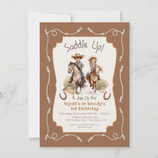 Satteln Sie den kleinen Zwilling Cowboy Cowgirl Ge Einladung (Vorderseite)