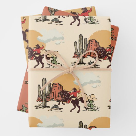 Sätten Sie den ersten Rodeo Cowboy Retro Woodcut Geschenkpapier Set (Beispiel)