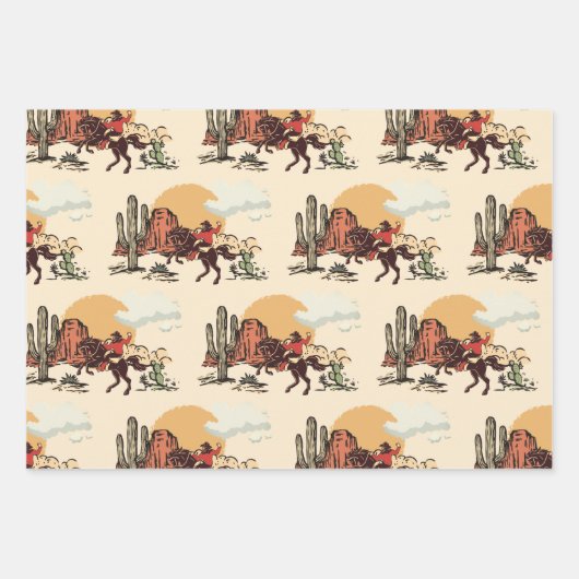 Sätten Sie den ersten Rodeo Cowboy Retro Woodcut Geschenkpapier Set (Vorderseite)