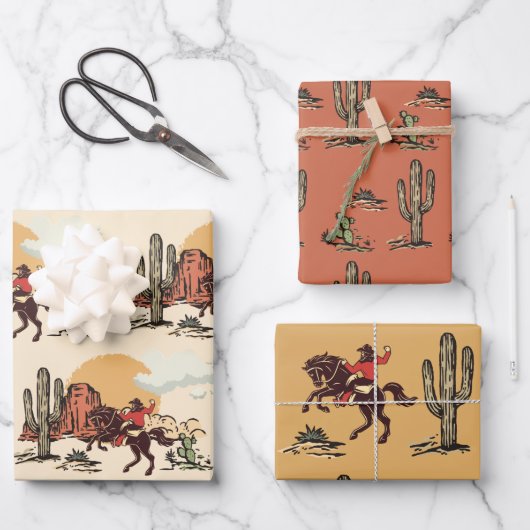 Sätten Sie den ersten Rodeo Cowboy Retro Woodcut Geschenkpapier Set (Vorderseite)