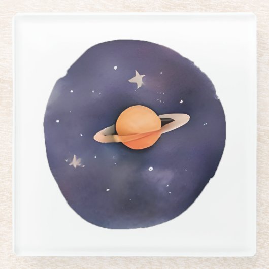 Saturns Serenade: Kosmische Wasserfarbe Glasuntersetzer (Vorderseite)