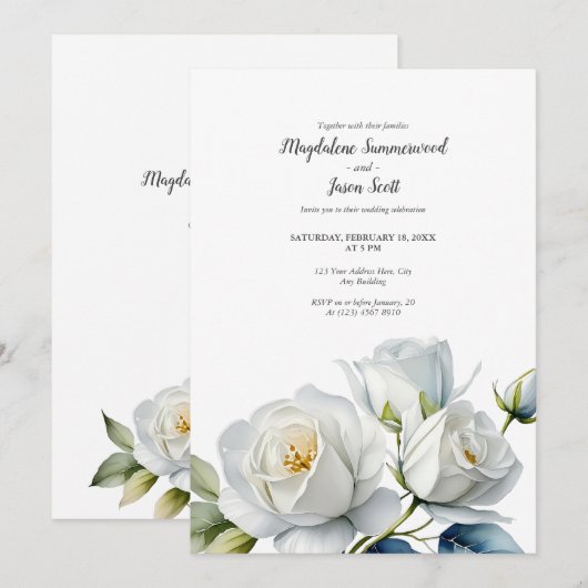 sauber weiß | Watercolor White Roses Wedding Einladung (Vorne/Hinten)