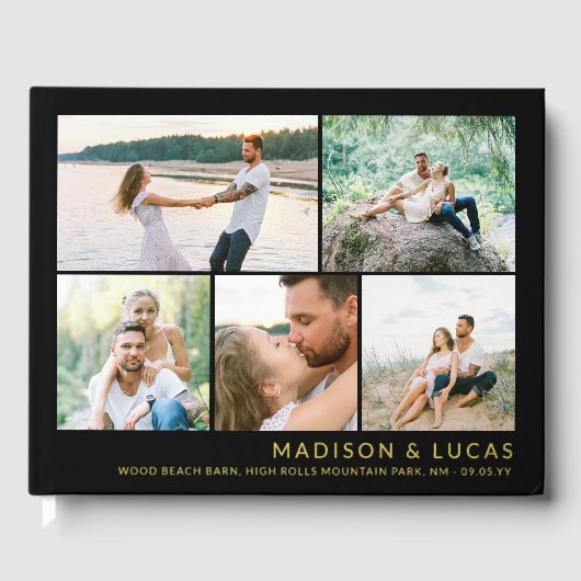 Saubere Foto Collage & Goldbriefe Schwarze Hochzei Gästebuch (Vorderseite)