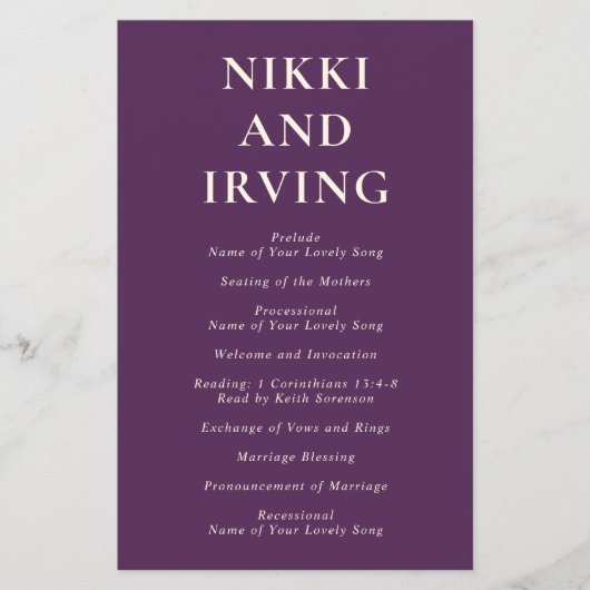 Saubere kühne Schriftart Lila Hochzeitsprogramm fü (Vorne)