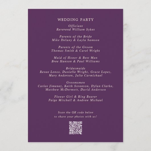 Saubere kühne Schriftart Lila Moderne Hochzeit Programm (Rückseite)