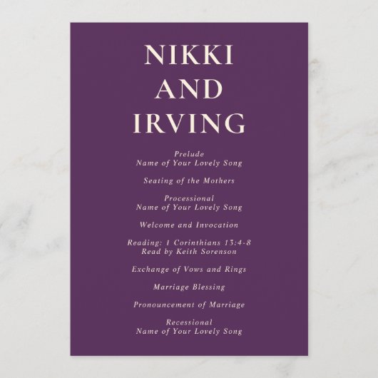 Saubere kühne Schriftart Lila Moderne Hochzeit Programm (Vorderseite)