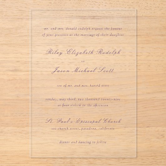 Saubere Lila Hochzeit Acryleinladungen (Vorderseite)