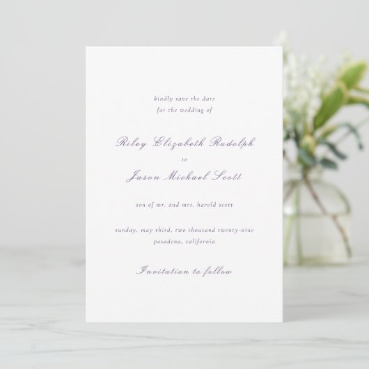 Saubere Lila Hochzeit Save The Date (Stehend Vorderseite)