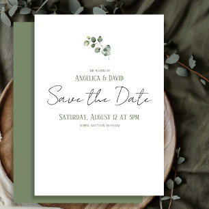 Saubere minimalistische Eukalyptus-Hochzeit Save The Date