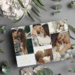 Saubere moderne Initialen und Fotos Save the Date Folieneinladung<br><div class="desc">Doppelseitige Save the Date-Karte mit einer sauberen Collage von fünf Fotos auf einer Seite mit Ihren Initialen und Hochzeitstag in Goldfolie, und ein größeres Foto auf der anderen mit mehr Informationen über Ihre Hochzeit. Moderne Save the Date Karte mit minimalistischem Design, eleganten Schriftart und einer Foto-Collage. Weiße Save the Date-Karte...</div>