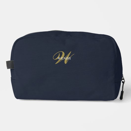 Saubere Navy Blau Gold Monogramm Accessoires Waschbeutel (Vorderseite)