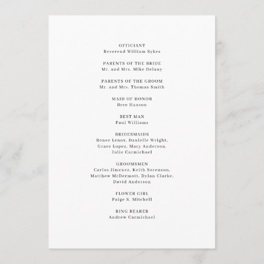 Saubere Schwarz-Weiß-Hochzeit Programm (Rückseite)