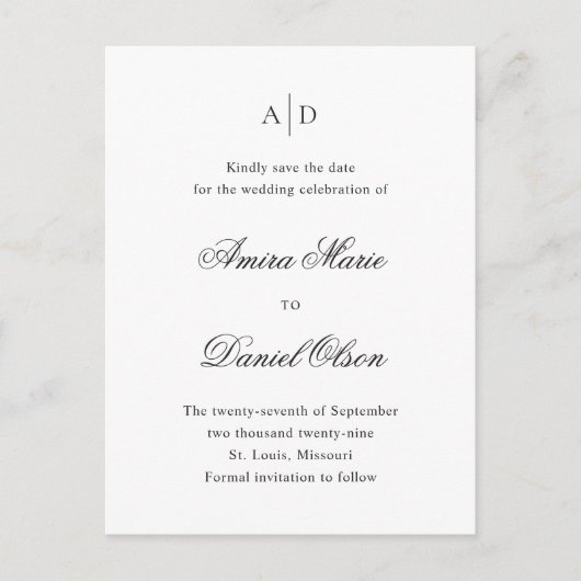Saubere Schwarz-Weiß-Hochzeit speichern Sie das Da Ankündigungspostkarte (Vorderseite)
