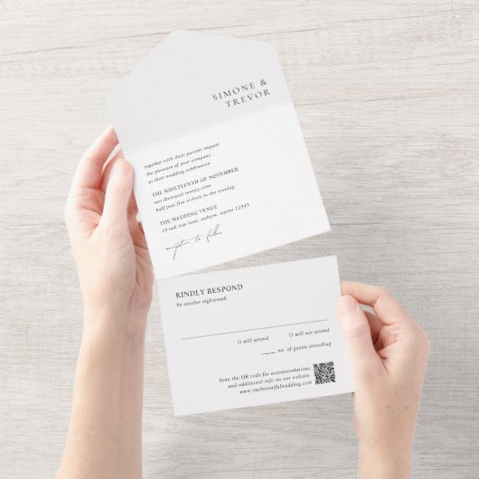 Saubere Schwarz-Weiß-QR-Code-Moderne Hochzeit All In One Einladung (Abreißen)