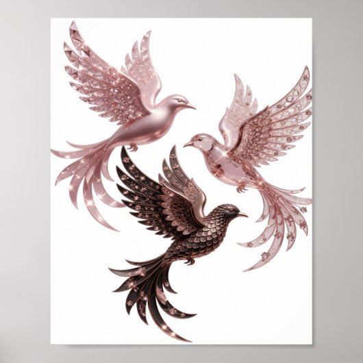 Saubere Silber-DREI ROSÉGOLD-VÖGEL Poster (Vorne)