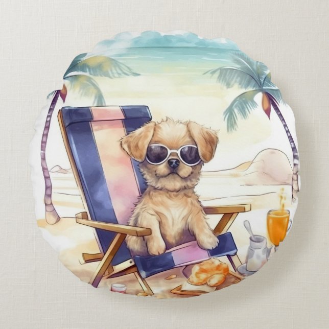 SAUBERER SOMMERHUND AM STRAND RUNDES KISSEN (Vorderseite)