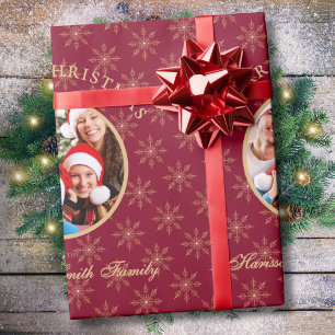 Sauberer Wald Burgunder Gold Schneeflocken Weihnac Geschenkpapier