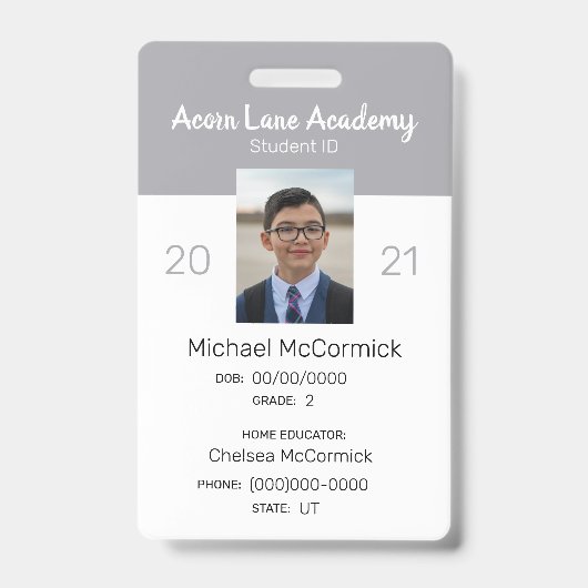 Sauberes graues Homeschool Student ID Abzeichen Ausweis (Vorderseite)