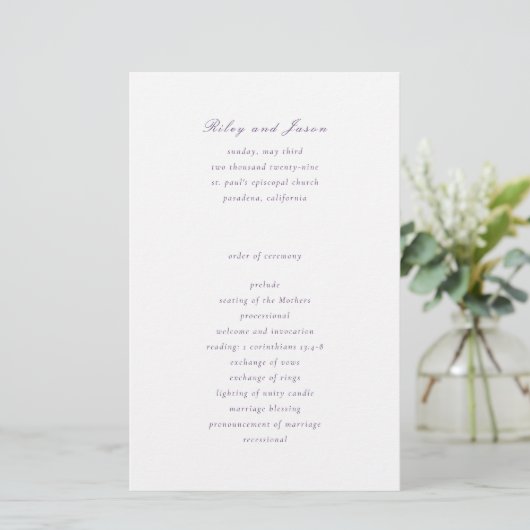 Sauberes Lila Hochzeitsprogramm (Stehend Vorderseite)