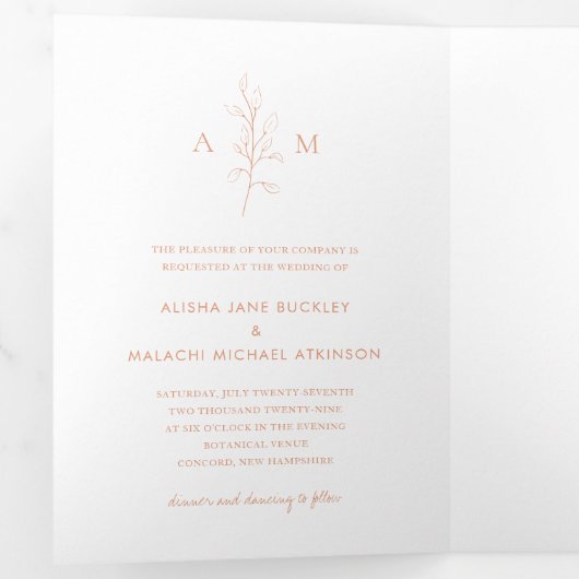 Sauberes peach Botanical Foto Elegante Hochzeit Dreifach Gefaltete Einladung (Innen Erste Seite)