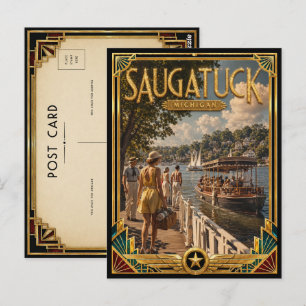 Saugatuck Michigan Vintage Art Deco Goldenes Zeita Postkarte