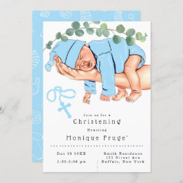 Säugling Boy on Mommy Arms Rosary Blue Christening Einladung