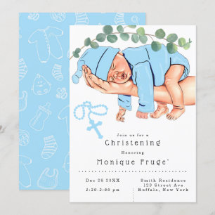 Säugling Boy on Mommy Arms Rosary Blue Christening Einladung