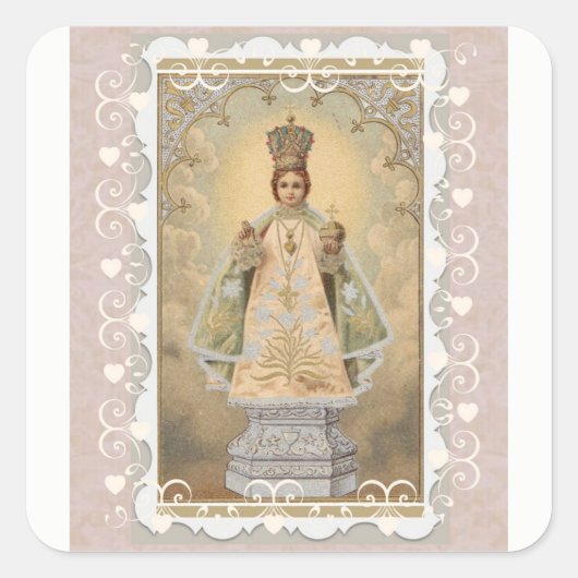 Säugling Jesus von Prag mit dekorativer Grenze Quadratischer Aufkleber (Vorderseite)