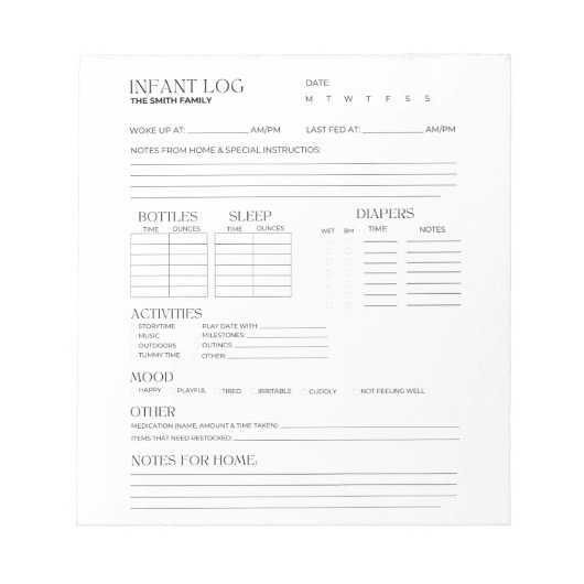 Säugling-Protokoll, Säugling-Tracker, Säugling-Nag Notizblock (Vorderseite)