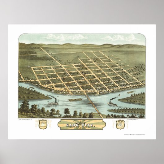 Sauk City, WI Panorama Karte - 1870 Poster (Vorne)