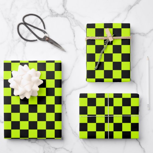 Säuregrün-schwarzes Schachbrettmuster Geschenkpapier Set (Vorderseite)