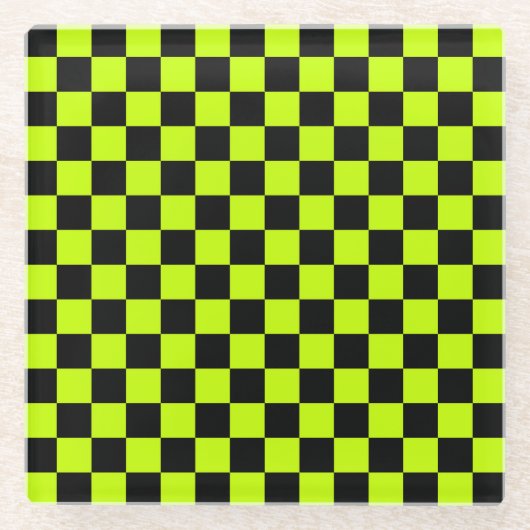 Säuregrün-schwarzes Schachbrettmuster Glasuntersetzer (Vorderseite)